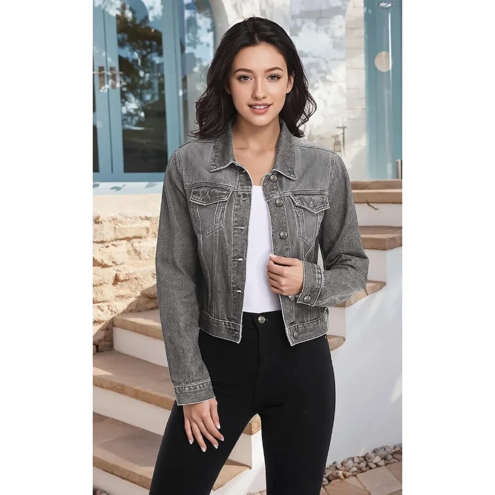 Women's Denim Jacket Medium Classic Fit Pockets Collared Button